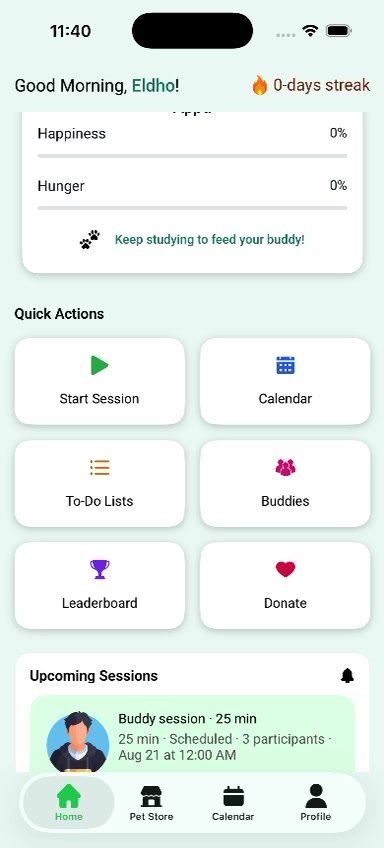 Focus Budyy Buddy Session scheduling screen